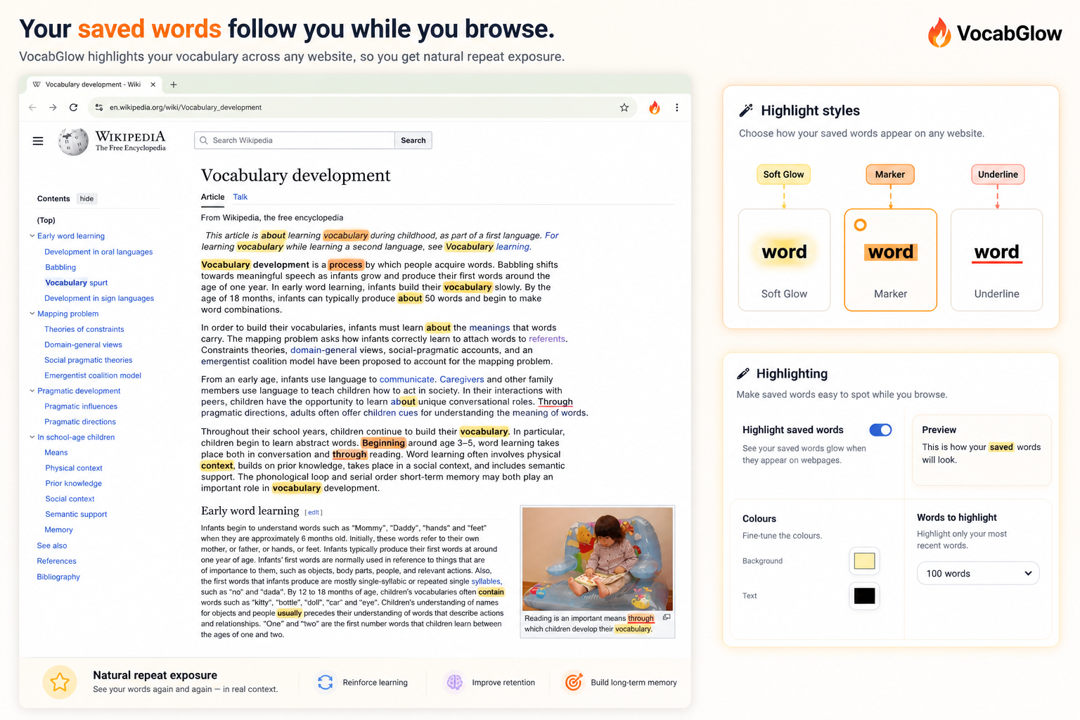 VocabGlow saved-word highlighting on a webpage showing soft glow, marker, and underline styles with custom highlight settings.