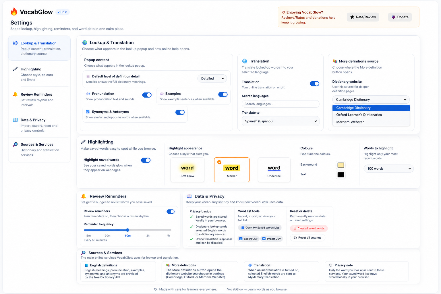 VocabGlow settings page showing lookup customisation, translation options, dictionary source selection, highlighting controls, reminders, and data tools.