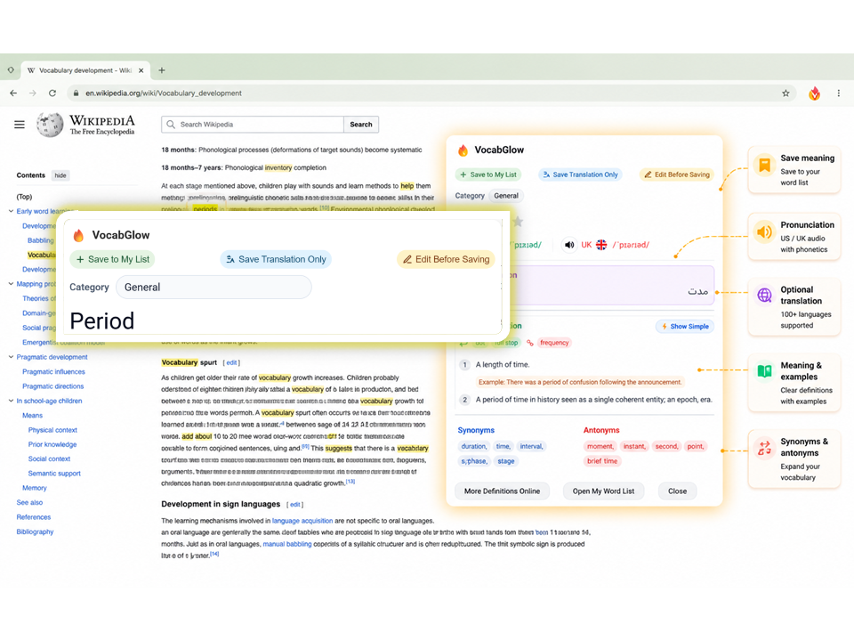 VocabGlow vocabulary manager showing saved words, categories, search, filtering, edit controls, pronunciation, and CSV import and export tools.
