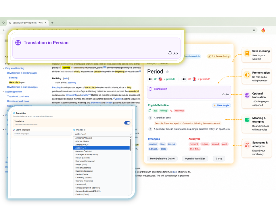 VocabGlow lookup popup displaying pronunciation, definitions, examples, synonyms, antonyms, translation, and save options directly on a webpage.